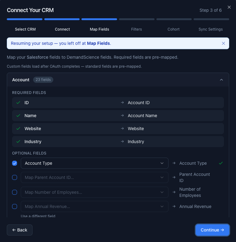 Map Fields step - Account object expanded, showing required and optional field mappings