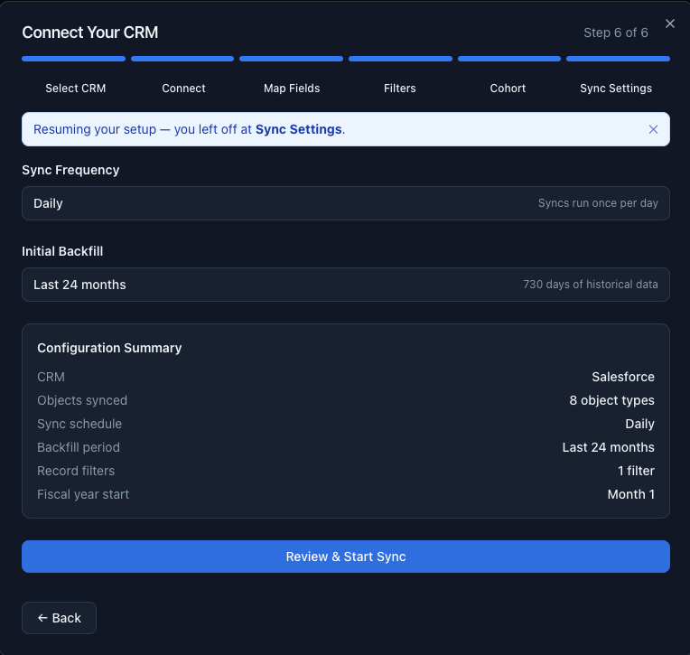 Sync Settings step - configuration summary with Review & Start Sync button