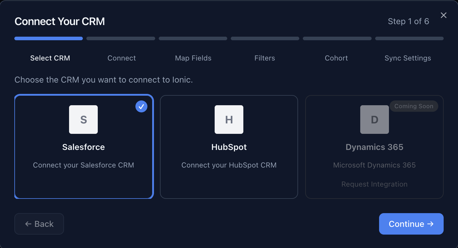 Select CRM step - Salesforce, HubSpot, and Dynamics 365 (coming soon) options