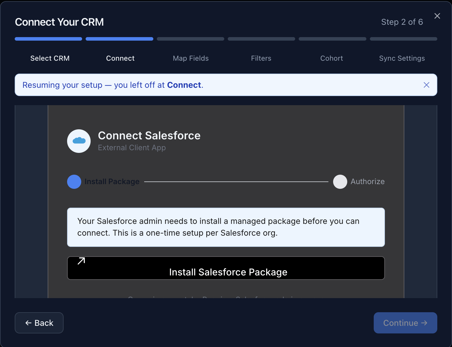 Connect step, Install Package stage, with the Install Salesforce Package button