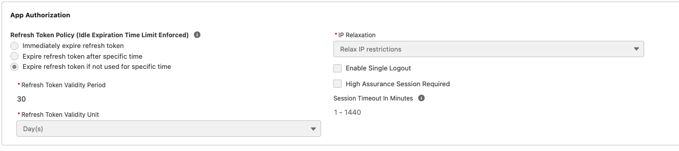 Salesforce App Authorization settings - Refresh Token Policy set to expire after 30 days idle, IP Relaxation set to Relax IP restrictions