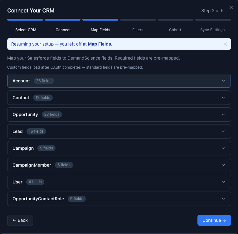 Map Fields step - all eight mappable objects with field counts