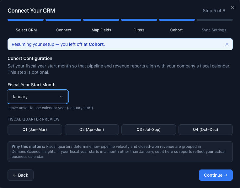 Cohort step - Fiscal Year Start Month picker with quarter preview