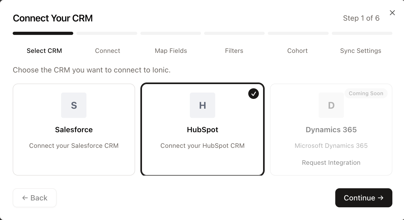 Select CRM step - Salesforce, HubSpot, and Dynamics 365 (coming soon) options