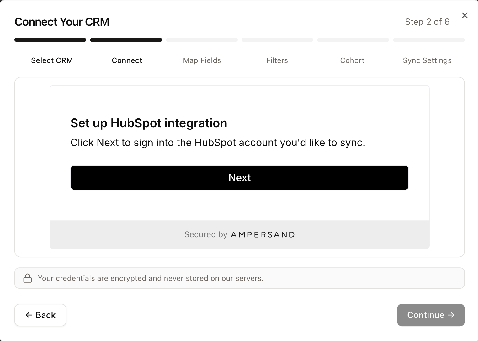 Connect step - Set up HubSpot integration, click Next to sign in