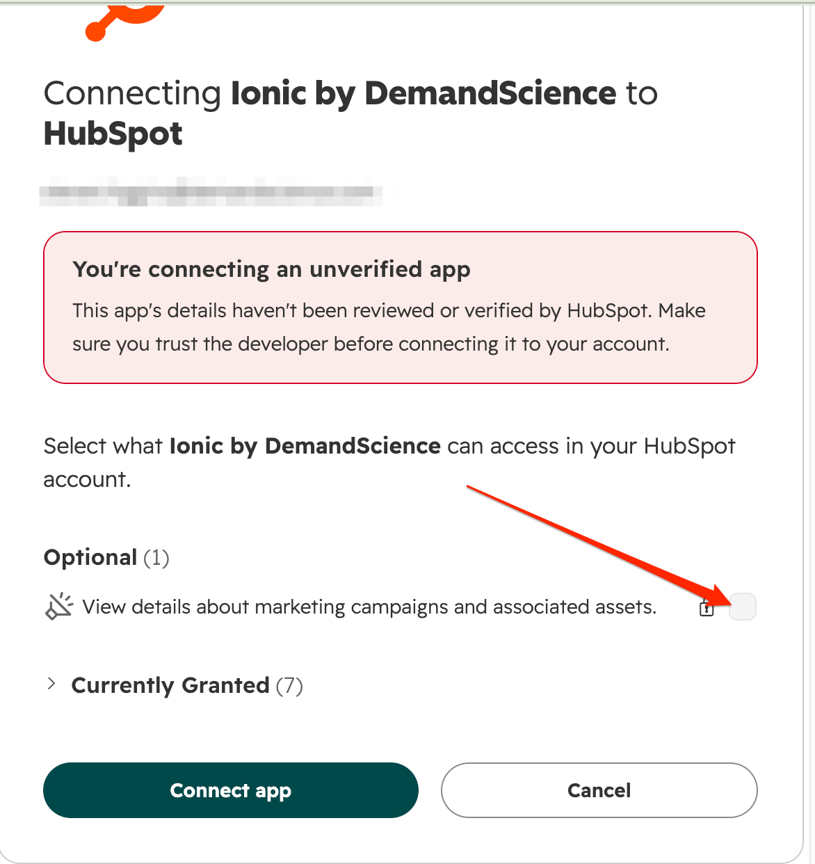 HubSpot authorization screen - Optional (1): View details about marketing campaigns and associated assets, checkbox unchecked