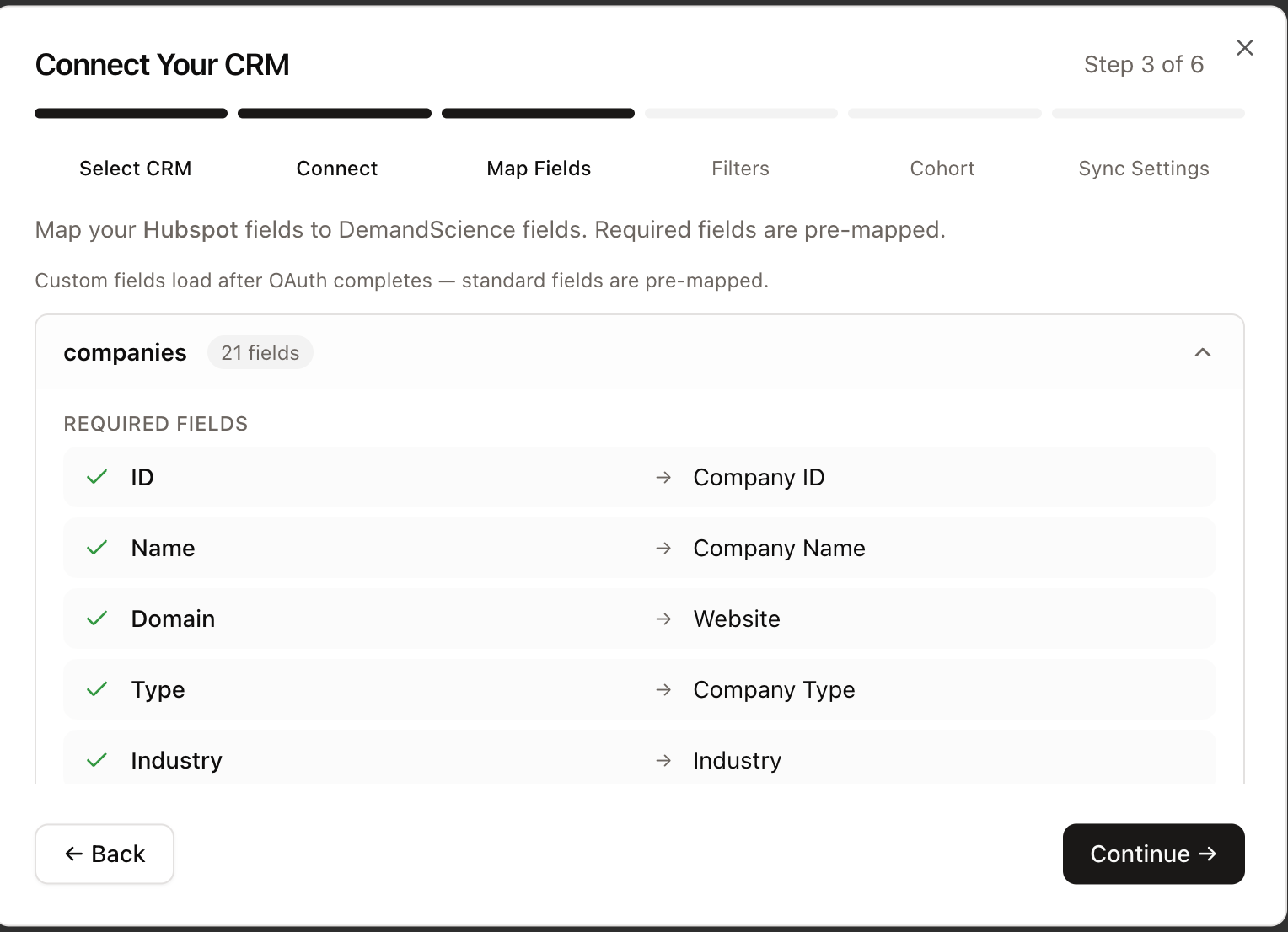 Map Fields step - Companies object expanded, showing required and optional field mappings