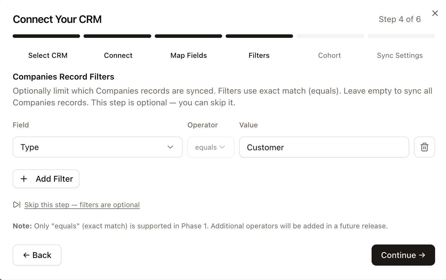 Filters step - Companies Record Filters, equals-only, with a Skip option