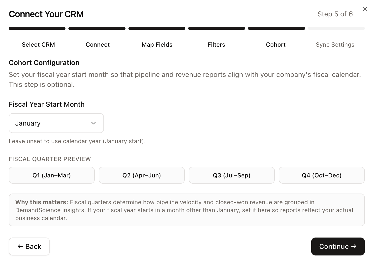 Cohort step - Fiscal Year Start Month picker with quarter preview
