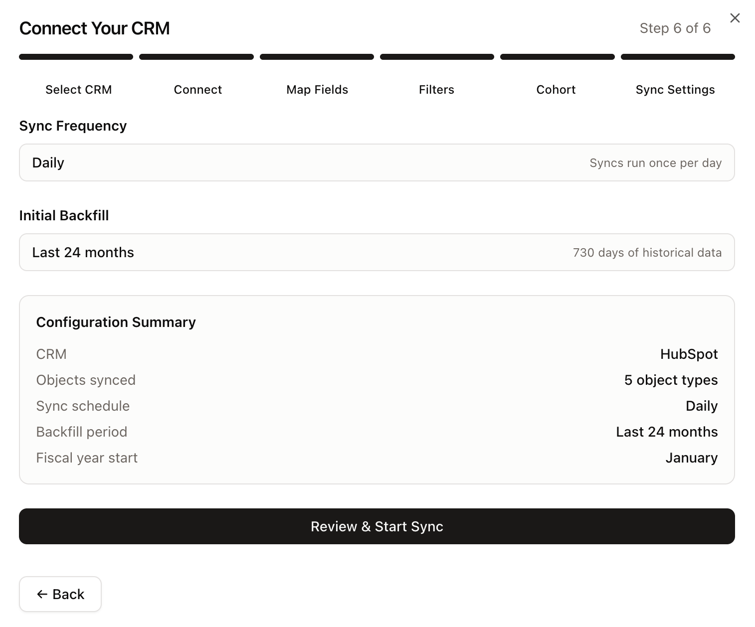 Sync Settings step - configuration summary with Review & Start Sync button