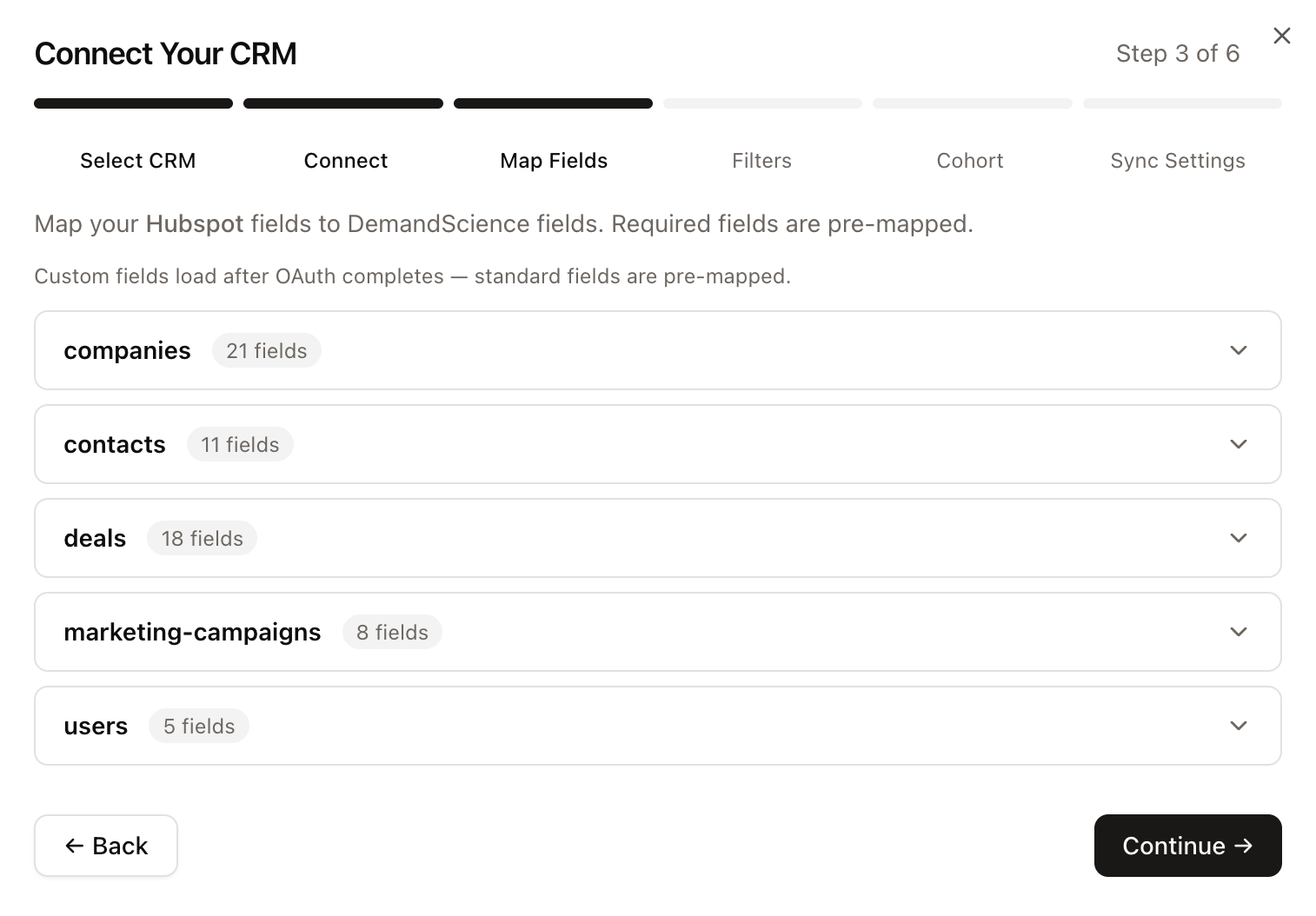 Map Fields step - all mappable HubSpot objects with field counts